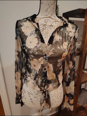 Sheer Black Floral Tie-Front Blouse